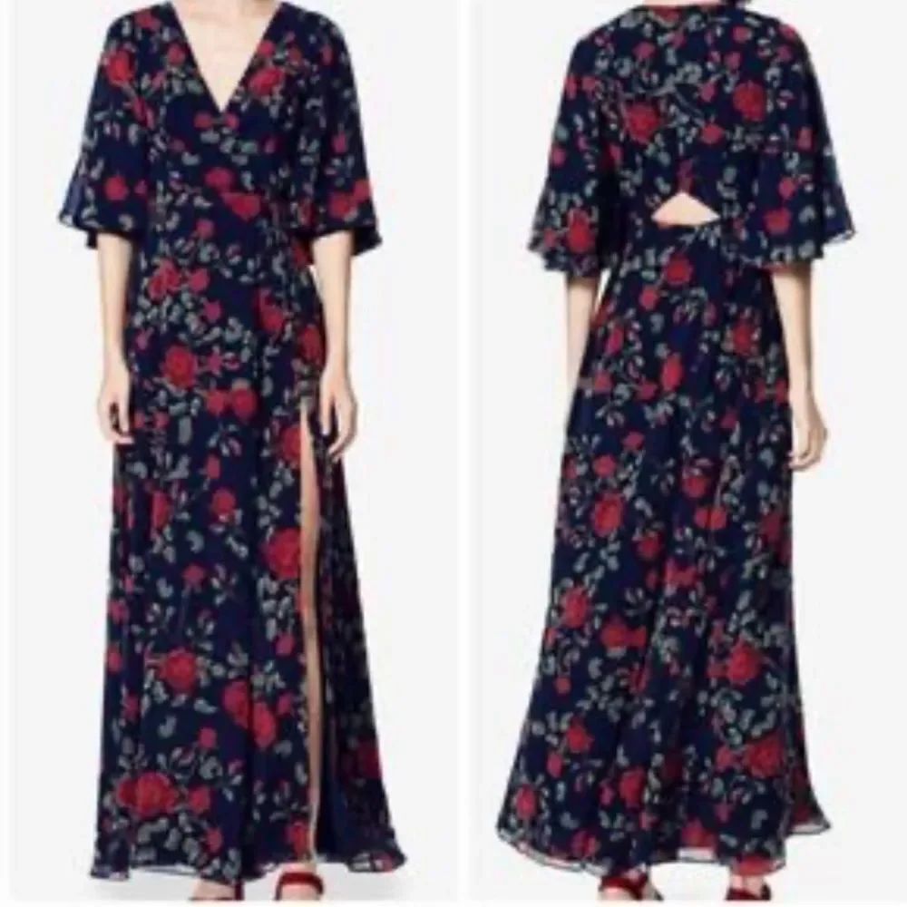 Fame And Partners Navy/Red Floral-Print Maxi Wrap Dress Sz 14 NEW